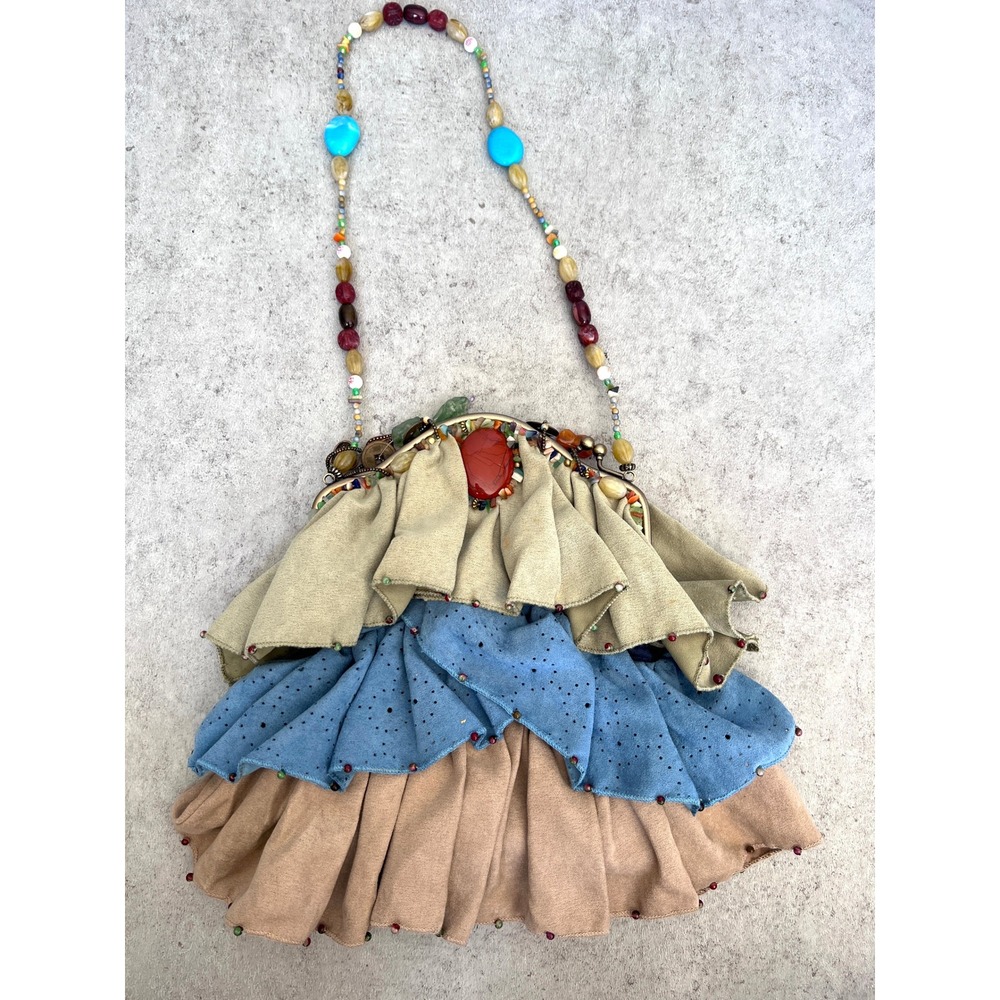 Mary Frances Ruffle Purse Bag Green Blue Boho Beaded Stone Coin Whimsigoth Art